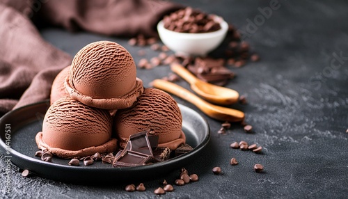 Creative food concept. Scoops of chocolate Soft serve yogurt gelato ice cream on black concr  photo