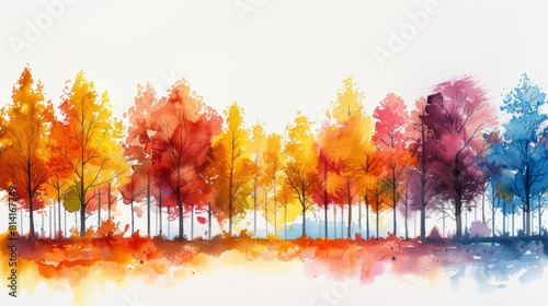 Autumn forest. Watercolor painting of autumn trees on white background.