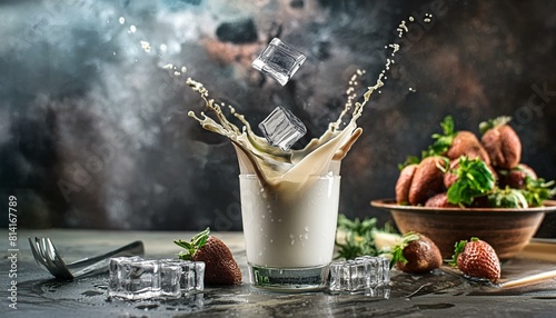 Creative food template. Ice cubes splashing dropping onto glass of milk milkshake yoghurt photo