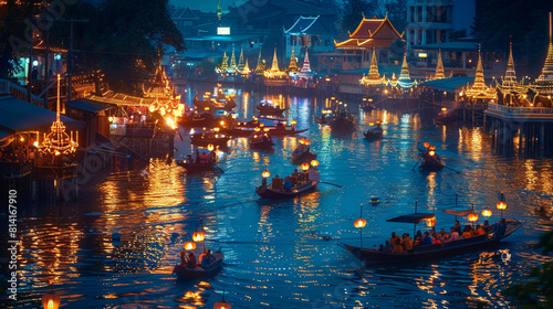 A picturesque view of lantern-lit boats on the river for Loi Krathong Loi Krathong Beauty!