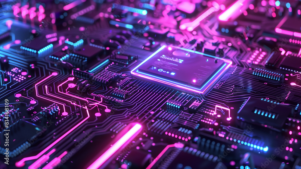 Obraz premium .A neon-lit circuit board with illuminated pathways that mimic a futuristic cityscape