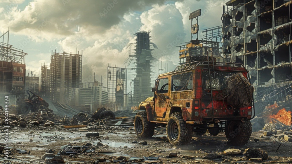 Views of cities and cars destroyed by war and disasters in the future wallpaper AI generated image Views of cities and cars destroyed by war and disasters in the future wallpaper AI generated image