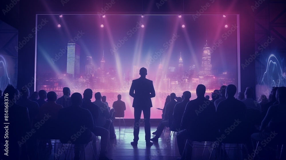 A man stands in front of a large crowd of people, giving a speech A man stands in front of a large crowd of people, giving a speech