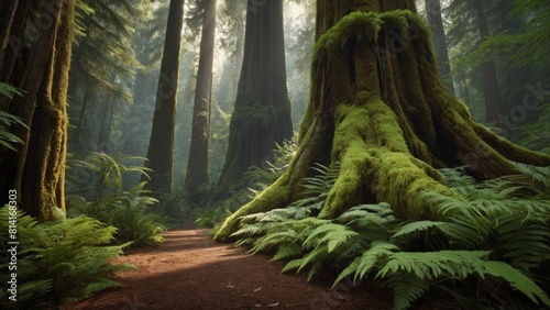 Ancient Foresttowering Trees and lush Green Carpet in Sunlight Beauty - Nature Landscape Photo.