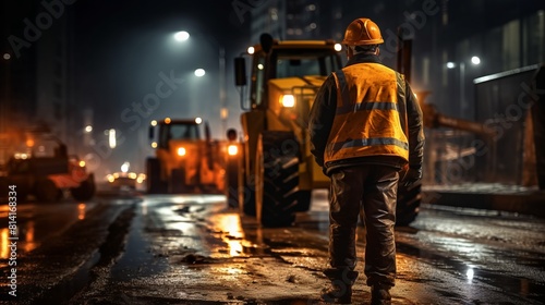 A man in a yellow vest stands in front of a large yellow truck