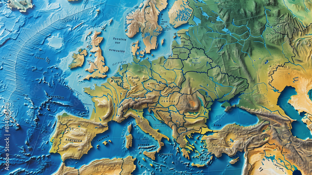 Fototapeta premium Map of Europe With Rivers and Lakes