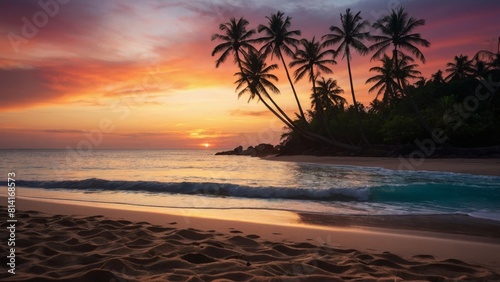 Tropical Beach SunrisePalm Trees Silhouette Photo - Idyllic Ocean Morning Landscape Scene