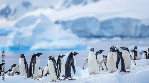 Flock of penguins stands in the snowy landscape of Antarctica