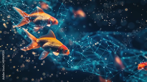 abstract image of goldfish in the form of a starry sky or space  consisting of points and lines. Business concept. AI generated