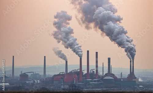Industrial area, a factory billows thick smoke from its towering chimneys, shrouding the city sky in heavy smog. Negative impact of industrial emissions on the environment and human health
