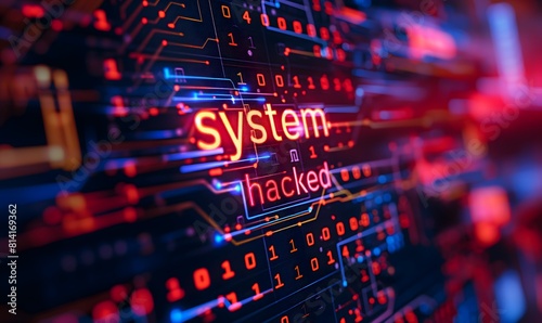 System hacking with info message "system hacked". Background with a code on a blue background and a virus warning. Cyber security and cybercrime