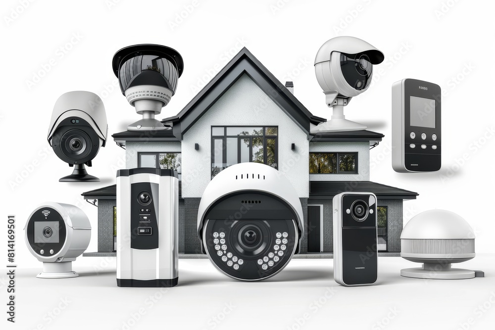 Naklejka premium Entry sensors and camera technology work together to monitor and protect homes, ensuring sound detection and security.