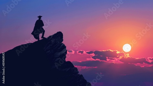A determined man with graduation gown climbing to top