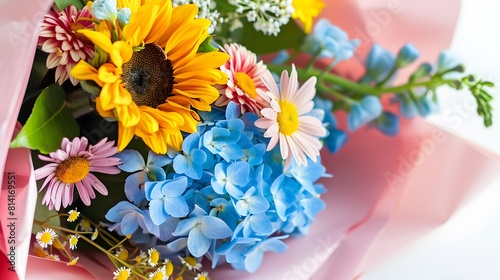 A bouquet of flowers with a pink wrapping paper. The flowers are colorful and include daisies, sunflowers, and blue hydrangeas. on white background