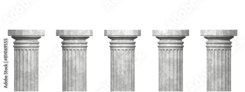 Set of five gray concrete pillars isolated on transparent background