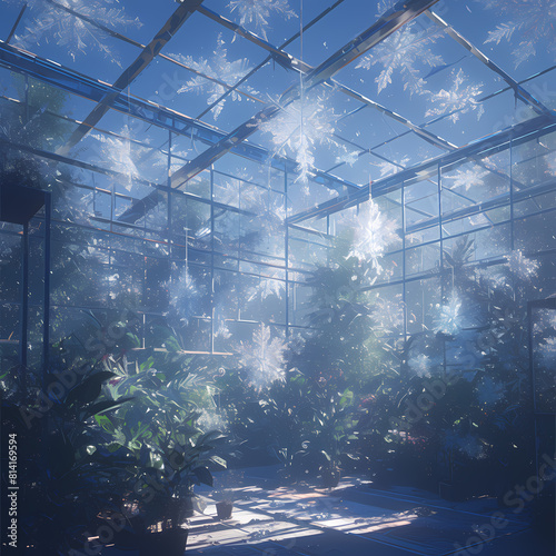 Bright Indoor Garden with Snowy Tree Foliage and Blue Lights
