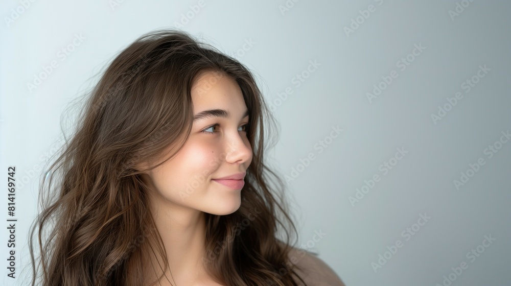 Portrait profile headshot of pretty smiling young brunette woman girl on neutral grey light background Portrait profile headshot of pretty smiling young brunette woman girl on neutral grey light background
