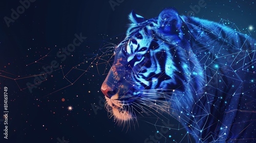 Abstract image of tiger in the form of a starry sky or space  consisting of points  lines  and shapes in the form of planets  AI generated