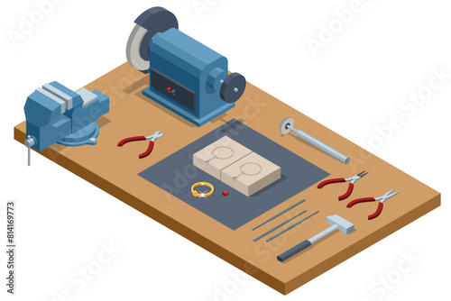 Desktop for craft jewellery making with professional tools and making a ring. Isometric Professional Jewelry Designer making handmade jewelry.