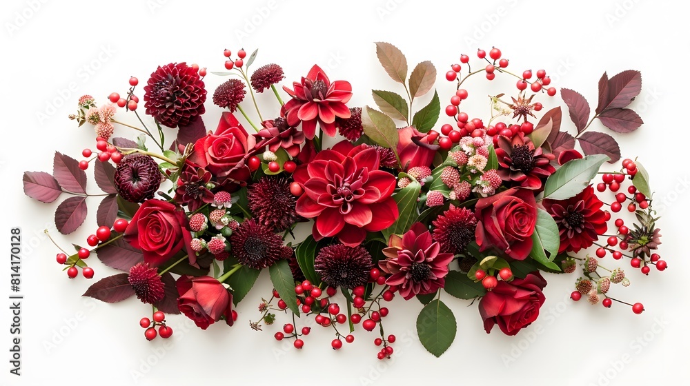Bouquet of flowers in red, shades of Red Pear, Roses, berries, chrysanthemum, asters, kosmeja, hydrangea, wormwood. Flower composition on white background. Flat lay top view Bouquet of flowers in red, shades of Red Pear, Roses, berries, chrysanthemum, asters, kosmeja, hydrangea, wormwood. Flower composition on white background. Flat lay top view
