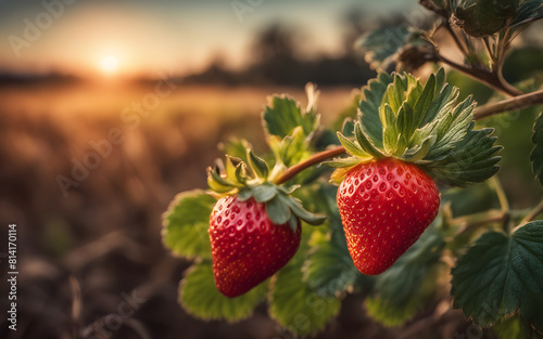 Strawberry branch on a blurred background of a field at sunset