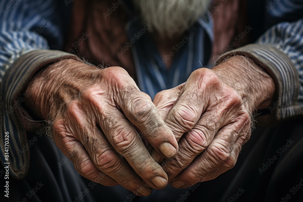 Fototapeta premium Close-up detailed image of weathered hands of an elderly man. Showing the aged skin. Wrinkles. And texture from a lifetime of hard work and manual labor. Reflecting strength. Wisdom