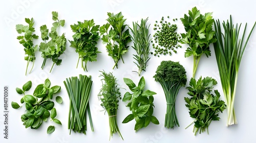 fresh organic herbs and spices element or ornament isolated over a transparent background arranged bunches leaves blades and chopped pieces of parsley chives basil and mint top view flat lay
 photo