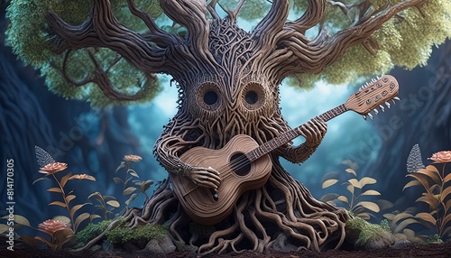 photorealistic, highly detailed, high contrast, creature made of a tree, playing guitar photo