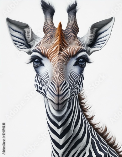 photorealistic, rich in detail, colorful, high contrast, giraffe with zebra skin , isolated with white background