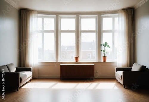 strict restrained interior of a residential apartment with sofa and a window in English style  Soviet style
