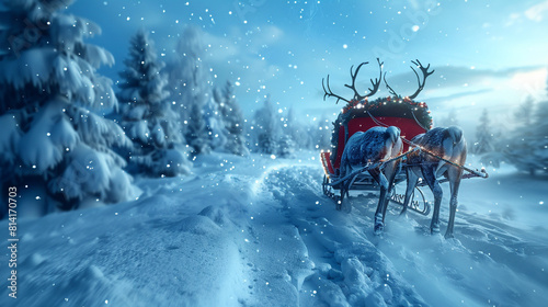 A reindeer-drawn sleigh gliding gracefully through the snow-covered countryside leaving behind a trail of festive cheer