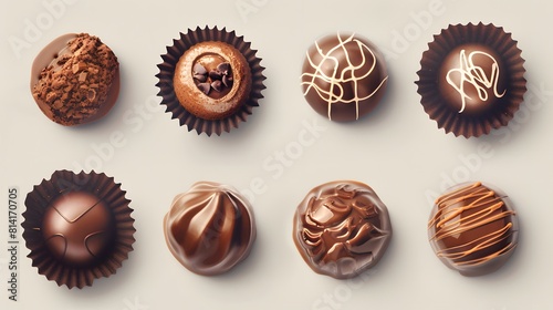Various of chocolate pralines from top view isolated on background, collection tasty sweet dessert chocolate, piece of dark chocolate. 