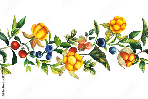 Watercolor seamless border with hand drawn cowberry, cranberry and blueberry with berries, leaves, branches. Botanical forest berry illustration on white isolated background. Good for wrapping paper
