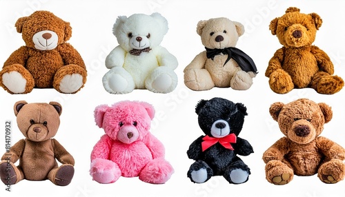 Set of fur plush stuffed teddy bear, black, white, brown, pink on transparent background