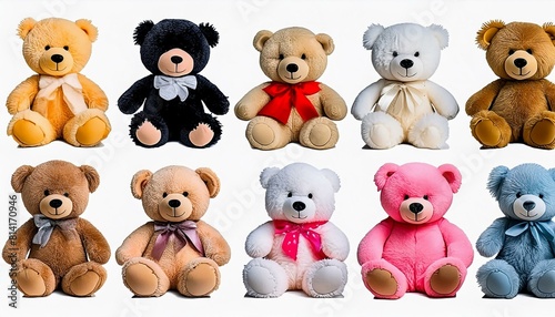 Set of fur plush stuffed teddy bear, black, white, brown, pink on transparent background © AICHA