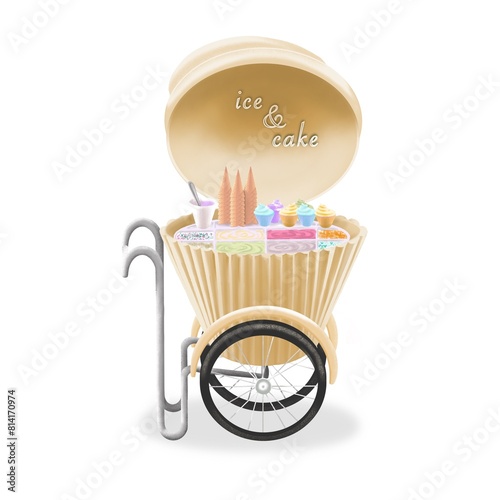 Hand Painted Street Food Cart Fruit Ice Cream Cart. Market Cart Illustration. 