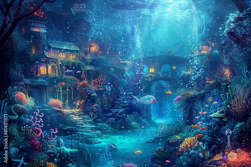A painting depicting an underwater village teeming with fish and colorful corals. Generative AI