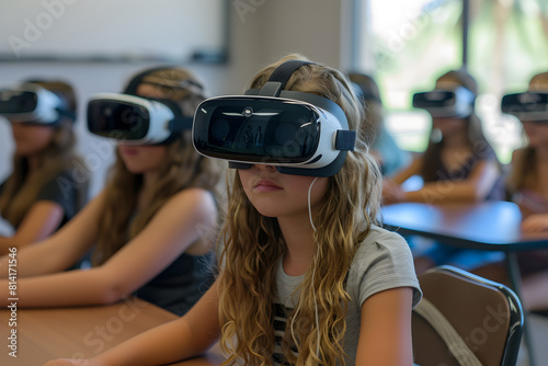 Children sitting at desks at school wearing VR glasses. VR and modern technology concept. Back to school © Marina