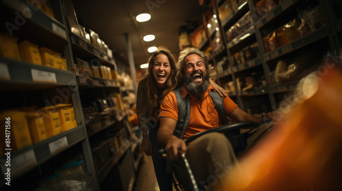 Wallpaper Mural Joyful Couple Having Fun While Riding a Cart in a Warehouse Aisle Torontodigital.ca