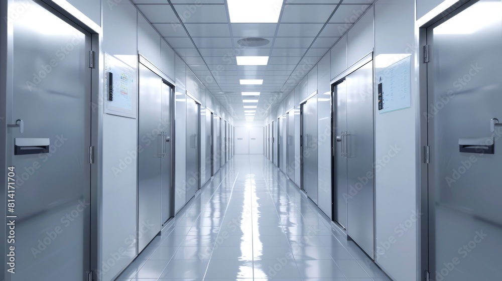 A look down the aisle of fridges in a clean white ward A look down the aisle of fridges in a clean white ward