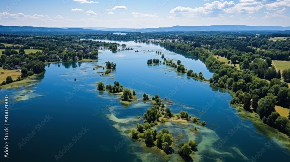 Aerial View of a Scenic Lake with Islands and Lush Landscape in Hungary Aerial View of a Scenic Lake with Islands and Lush Landscape in Hungary