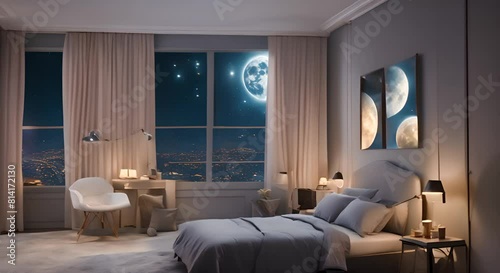 A celestial themed bedroom with glow in the dark stars on the ceiling moon shaped nightlights and a telescope by the window photo