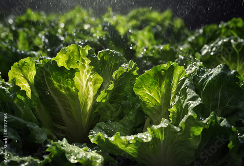 Rain waters on green organic lettuce. Generative AI