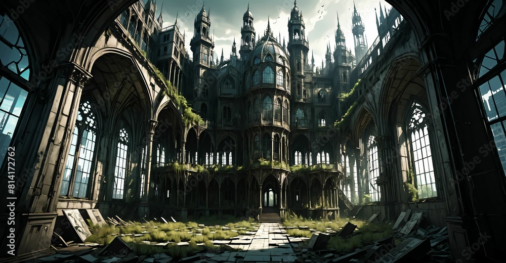 Gothic baroque architecture overgrown castle palace with large glass windows. Abandoned city landscape with cloudy sky. 