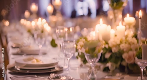 Close up of wedding reception table setting with flower arrangements Video photo