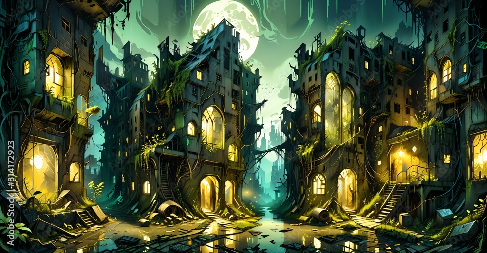 Obraz premium Gothic elven fantasy cyberpunk city palace under moon at night. Street view art nuevo post apocalyptic town ruins. Blue and yellow lighting landscape.