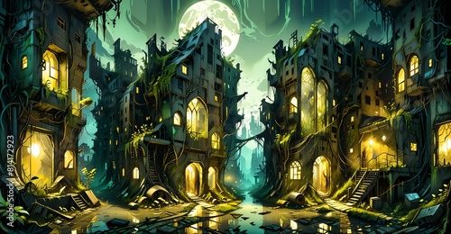 Gothic elven fantasy cyberpunk city palace under moon at night. Street view art nuevo post apocalyptic town ruins. Blue and yellow lighting landscape.
