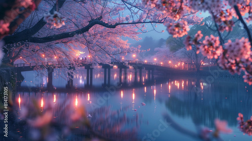 A serene scene of cherry blossoms in full bloom for Hanami