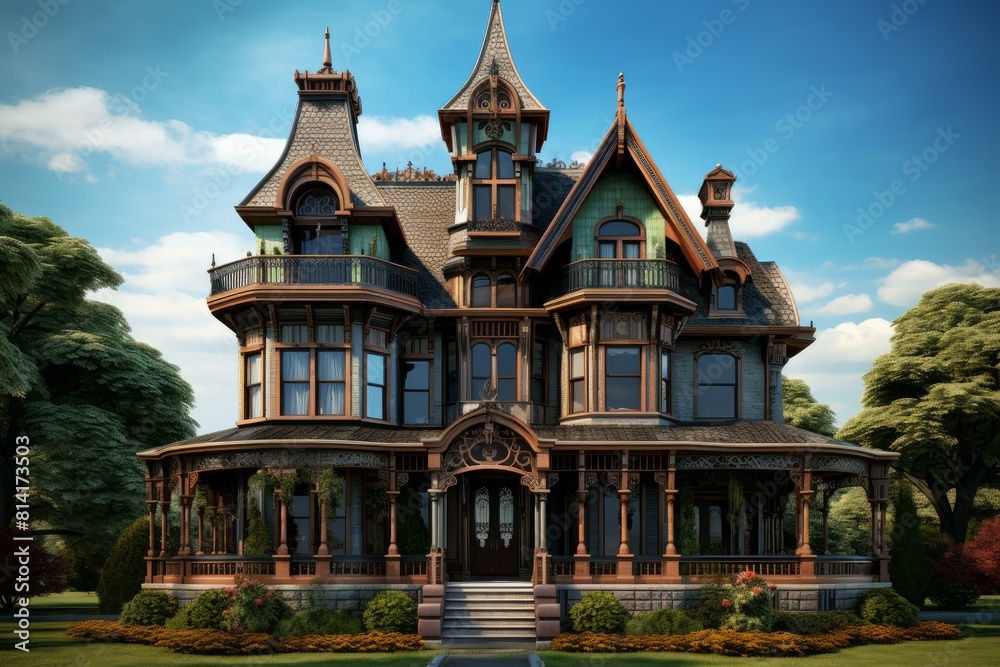 Enchanting victorian mansion surrounded by lush greenery under a serene evening sky