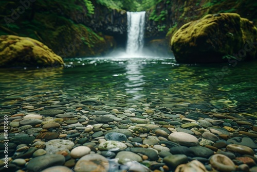 A serene river flowing through the lush greenery with pebbles and rocks in the crystal clear water A waterfall in the background Generative AI photo